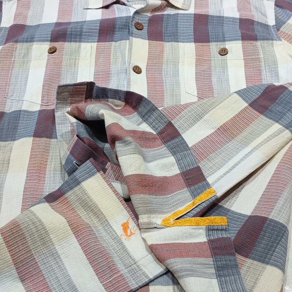 Tommy Bahama Shirt Large Collard Plaid Silk Blend Two Pockets w/Buttons Sailfish - Picture 3 of 14